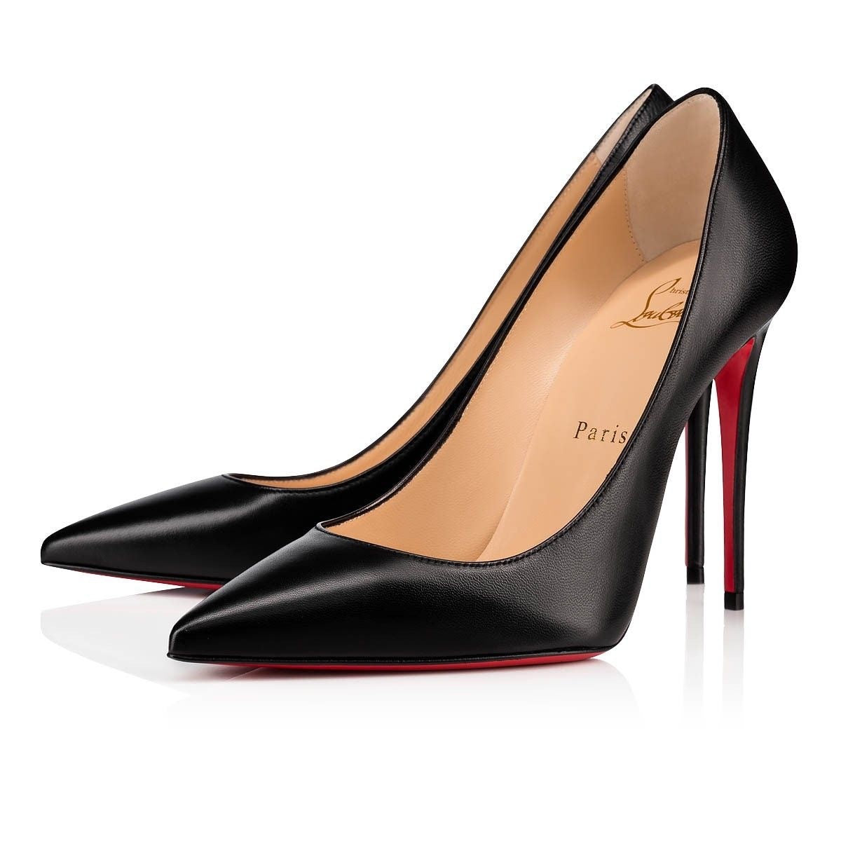 Chaussures à talon fin en cuir verni noir et semelle rouge