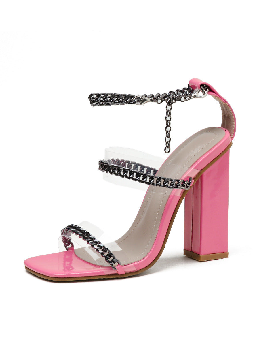 European And American New Chain Sexy Square Toe High Heel Sandals