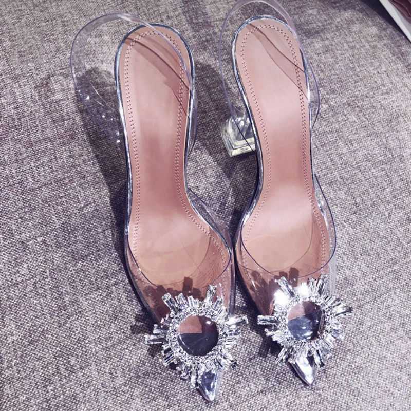 Women Pumps Elegant Pointed Toe Rhinestones High Heels Wedding Shoes Crystal Clear Heeled Slingback Pumps Sandals Sexy Heels