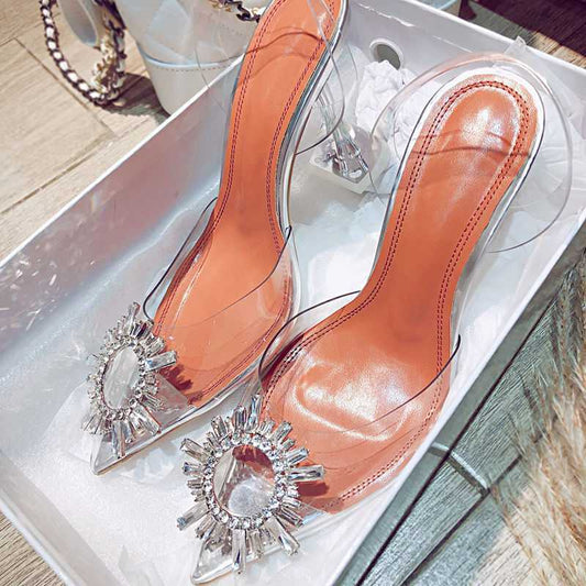 Women Pumps Elegant Pointed Toe Rhinestones High Heels Wedding Shoes Crystal Clear Heeled Slingback Pumps Sandals Sexy Heels