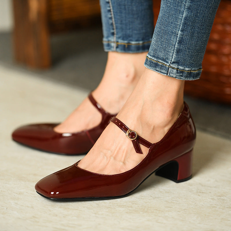 Burgundy bright leather strap square toe shoes for women