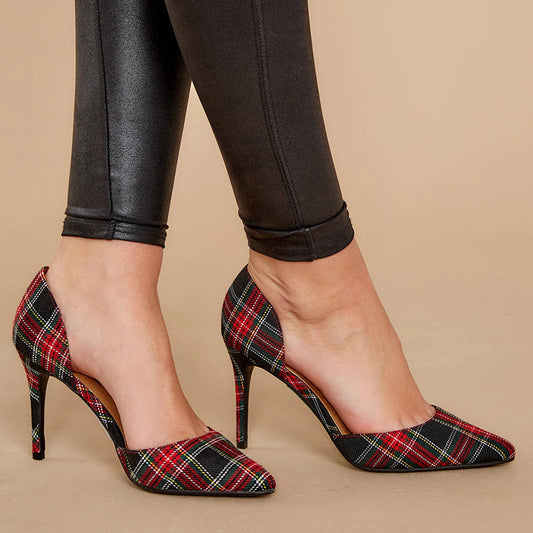 Fashion Thick High-heeled Plaid Pointed Hollow Sandals Women