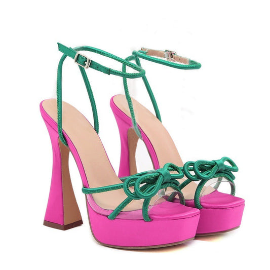 Bright Color-blocking Bow Thick-soled Buckle Chunky High Heels